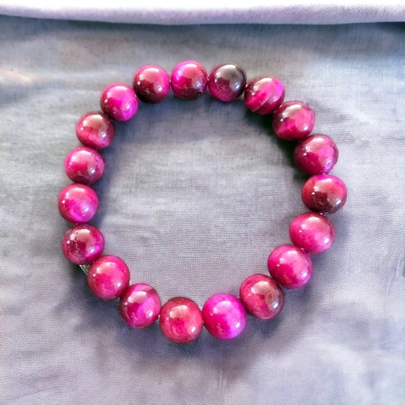 Rose Red Tiger Eye Bracelet - 10mm Unisex Natural Stones Stretches - Picture 1 of 3